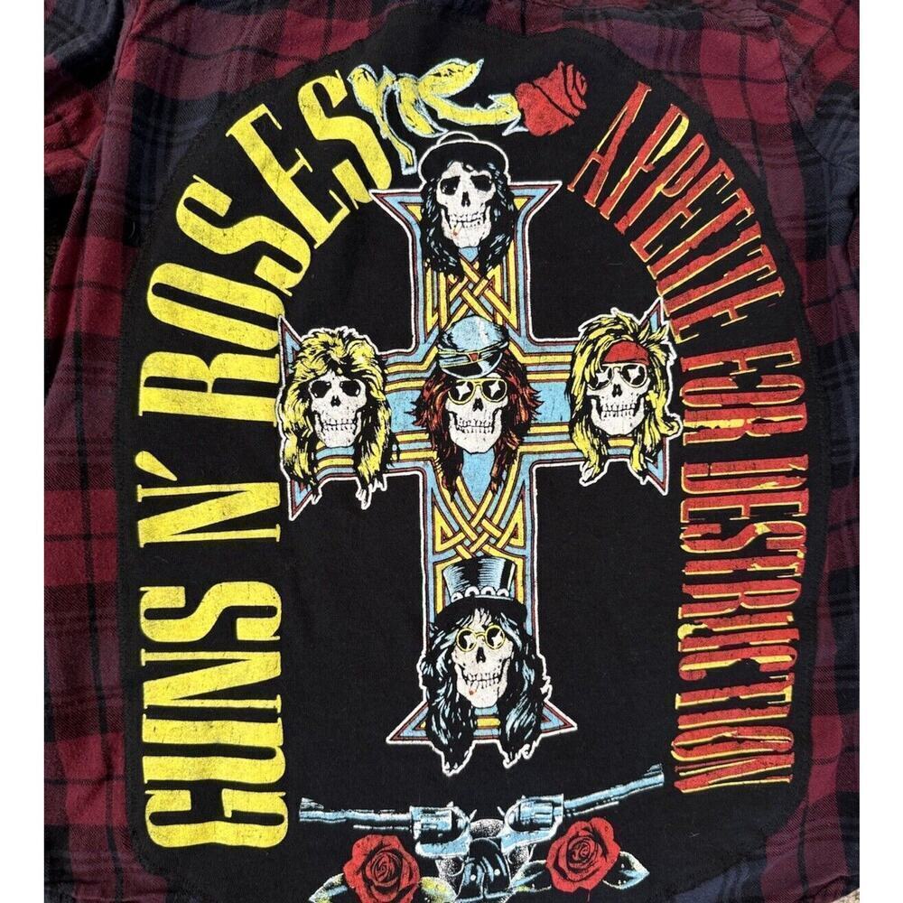 GUNS ‘N ROSES 80s Rock Retro Vintage Upcycled Plaid Hooded Flannel Kids Shirt M - Picture 9 of 11